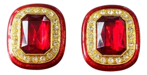 Vintage Red Enamel and Faux Ruby /Clear Rhinestone Clip on Earrings