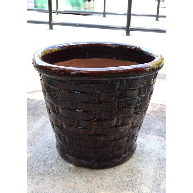 Large Vintage Basketweave Flower Pot Planter Brown Glazed Terracotta For Sale In Raleigh - Image 6 of 8