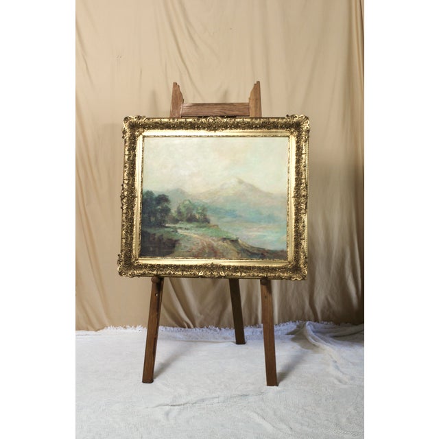 Wonderful impressive mountainscape piece in a large intricate gold frame original to the canvas. Oil painting of mountain...