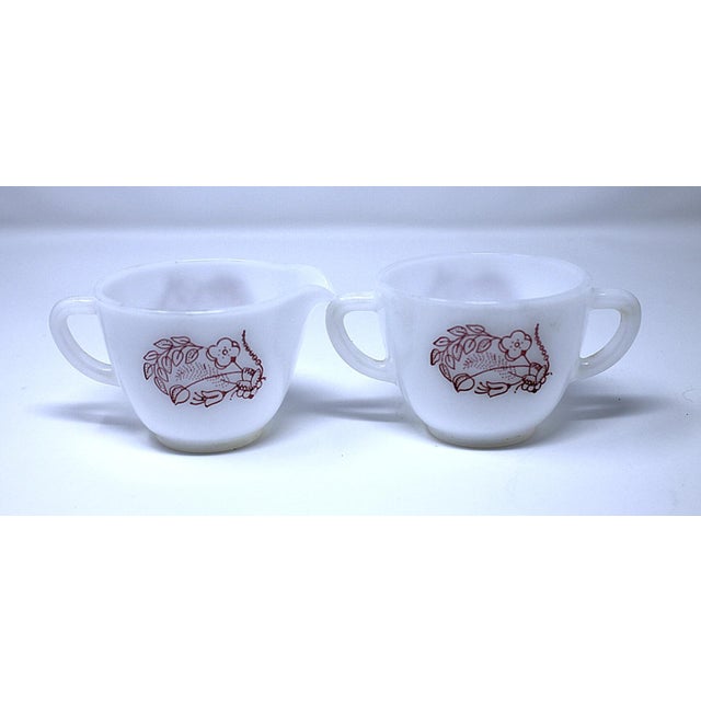 This is a pristine federal glass creamer and open sugar bowl set in the "Burgandy Spree" floral pattern.