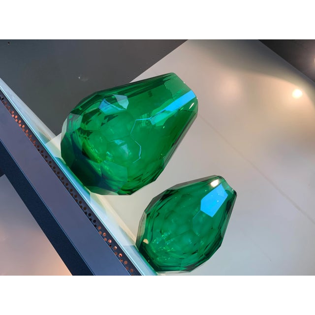 2020s 2020s Italian Green Cristal Handmade Cut Vases - Set of 2 For Sale - Image 5 of 9