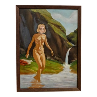 Mid 20th Century Nude Female in Stream Original Painting, Framed For Sale