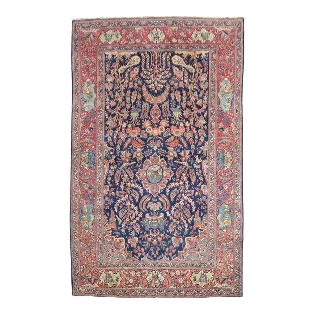Zabihi Collection Navy Antique Persian Kashan Carpet - 4'6" x 6'9" For Sale