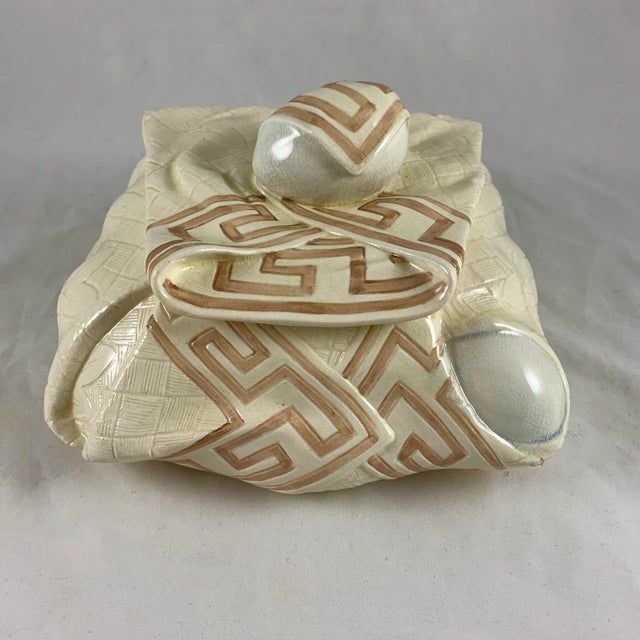 Sarreguemines Majolica Trompe L’Oeil Greek Key Napkin Egg Box Pâté Terrine For Sale - Image 13 of 13