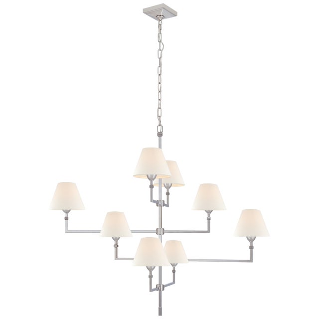 Alexa Hampton for Visual Comfort Signature Jane Large Offset Chandelier in Polished Nickel with Linen Shades For Sale