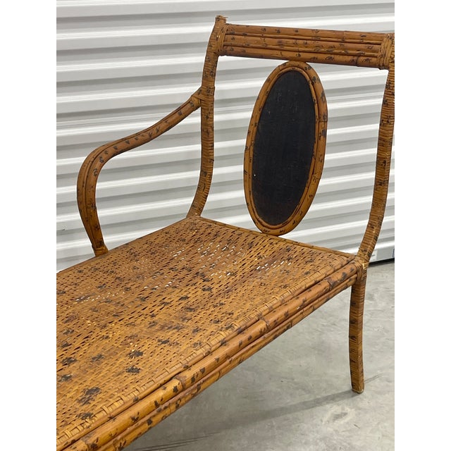 Mid-Century Bohemian Burnt Rattan Daybed Bench With Authentic Hand-Woven Cane Seat For Sale - Image 13 of 18