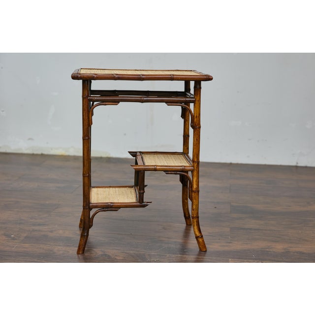 English 1920s Bamboo and Woven Rattan Side Table with Sectioned Shelves For Sale - Image 11 of 12