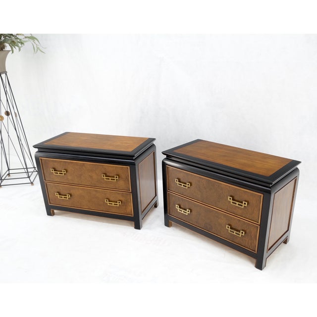 Pair Burl Wood Black Lacquer Solid Brass Drop Pull 2 Drawer Night Stands MINT!.