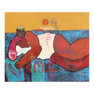 Bed Rotting I - Expressive Abstract Colorful Figurative Cubist Portrait Painting Original Artwork by Valerie Etitinwo For Sale