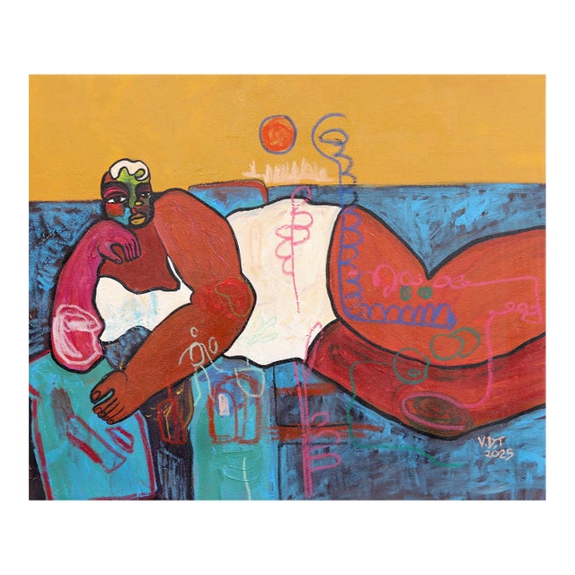 Bed Rotting I - Expressive Abstract Colorful Figurative Cubist Portrait Painting Original Artwork by Valerie Etitinwo For Sale