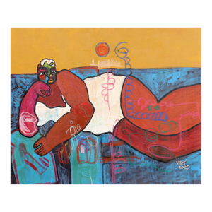 Bed Rotting I - Expressive Abstract Colorful Figurative Cubist Portrait Painting Original Artwork by Valerie Etitinwo
