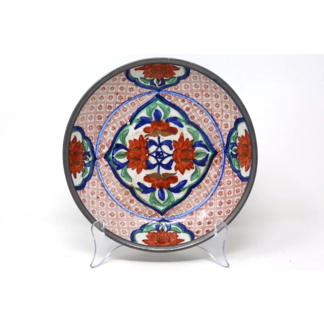 Metal Vintage Hand-Painted Japanese Porcelain and Pewter Bowl For Sale - Image 7 of 7