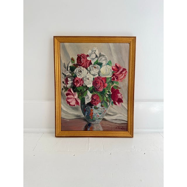 Pink Mid-Century Roses in Chinoiserie Vase Oil Painting For Sale - Image 8 of 9