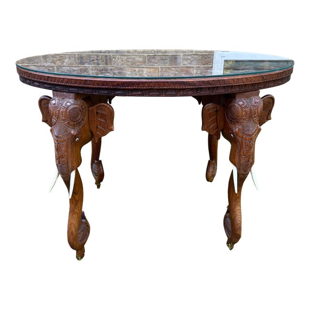 Antique Anglo-Indian Hand Carved Elephant Head Figures, Glass Top Oval Table For Sale