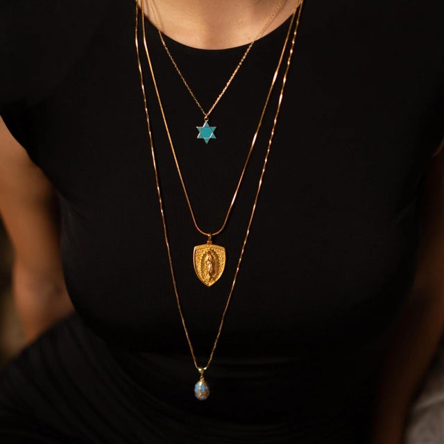 Metal Sacred Virgin Mary Gold Medallion Necklace For Sale - Image 7 of 10