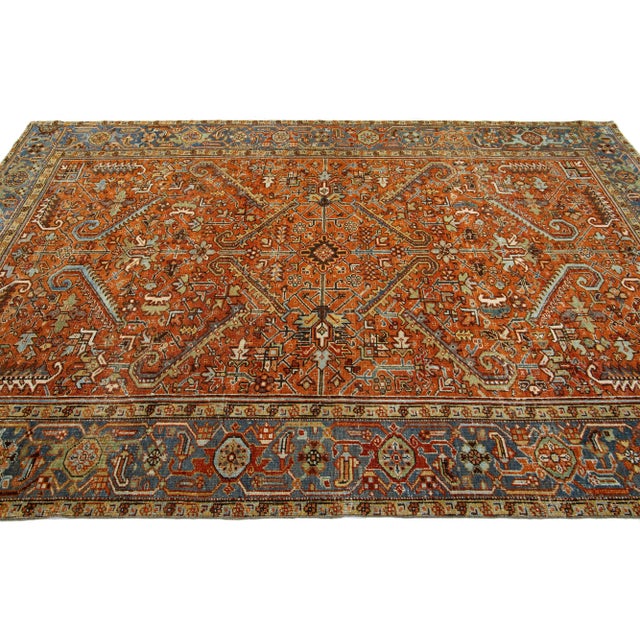 Textile 1910s Orange-Rust Antique Persian Heriz Wool Rug Handmade With Allover Pattern For Sale - Image 7 of 7