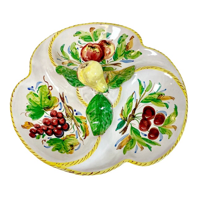 1960s Vintage Italian Hollywood Regency Majolica Trompe L’Oeil Divided Serving Dish. For Sale