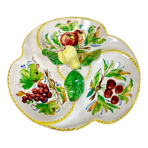 1960s Vintage Italian Hollywood Regency Majolica Trompe L’Oeil Divided Serving Dish.