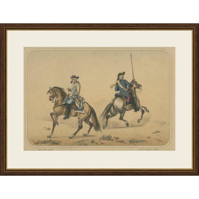 An original antique colour lithograph of Spanish cavalry, mounted lancer, from the Album de la Caballería Española by...
