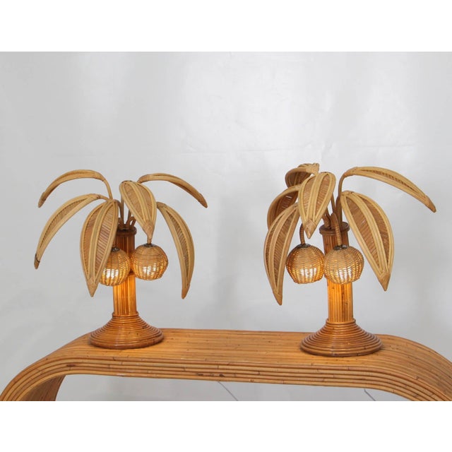 Wood Coconut Palm Lamps in Rattan, Set of 2 For Sale - Image 7 of 18