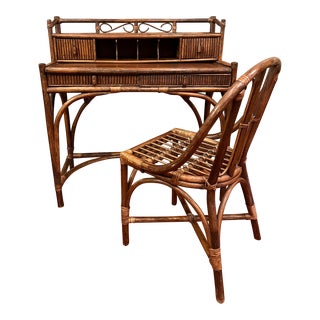1960s Mid Century Rattan Writing Desk and Chair - Set of 2 For Sale