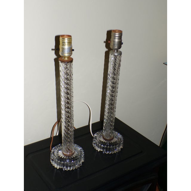 Early 20th Century Vintage Pair Art Deco Twisted Glass Column Candlestick Table Lamps For Sale - Image 5 of 11