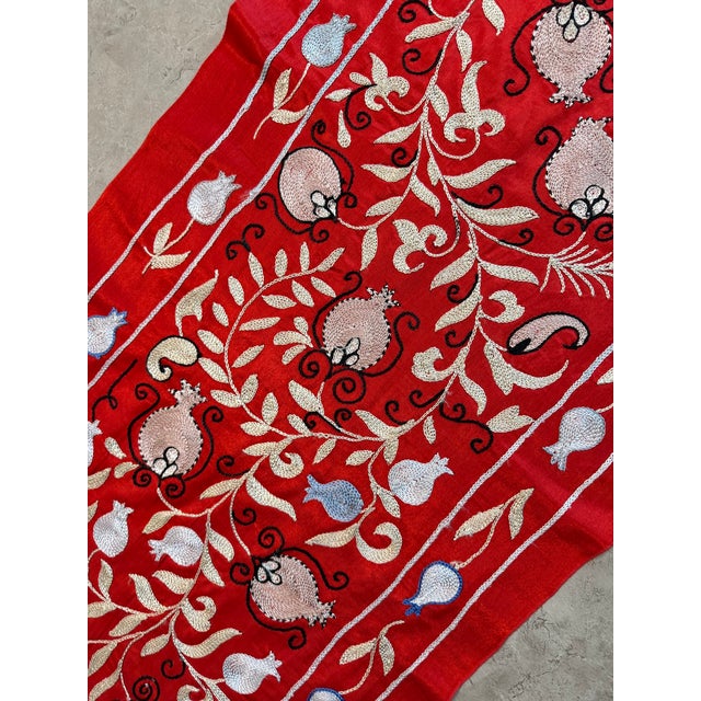 Red Red Silk Suzani Table Runner With Cream Vine Scrolls For Sale - Image 8 of 9
