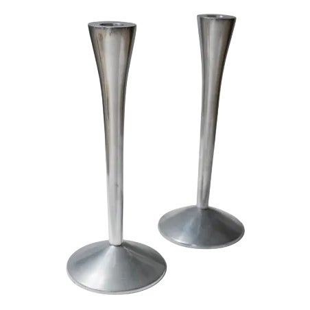Vintage Space Age Candleholders in Stainless Steel, Italy, 1970s, Set of 2 For Sale