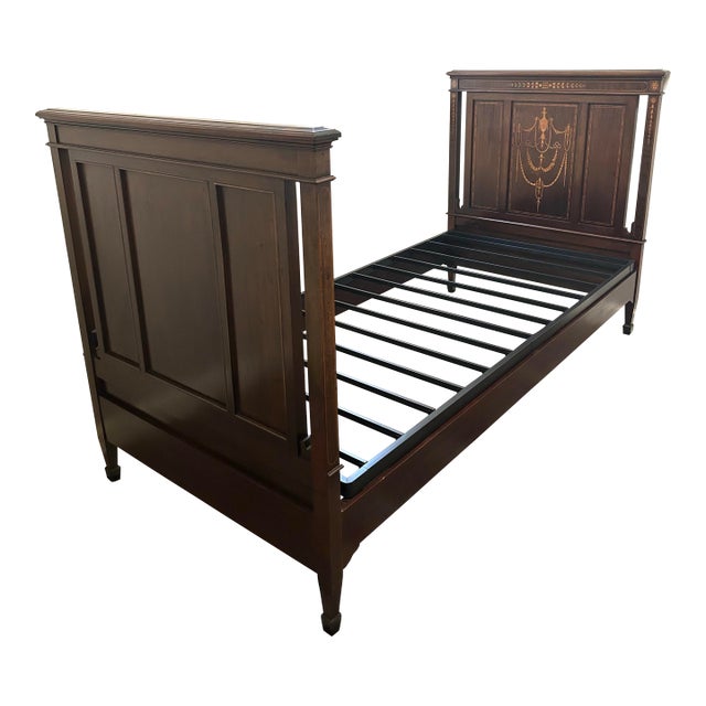 Extra Long, Victorian/Napoleon III Era Twin Bed, Headboard, Footboard, Side Rails, Steel Mattress Support/Bunkie-Bed, Marquetry Inlay, Walnut, C1870’s For Sale
