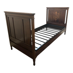 Extra Long, Victorian/Napoleon III Era Twin Bed, Headboard, Footboard, Side Rails, Steel Mattress Support/Bunkie-Bed, Marquetry Inlay, Walnut, C1870’s