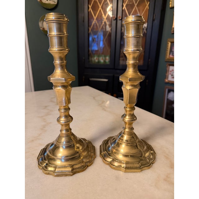 Mid-Century Modern Vintage Solid Brass Taper Candlesticks 9.25” Tall - 4” Scalloped Bases - Pair For Sale - Image 3 of 11