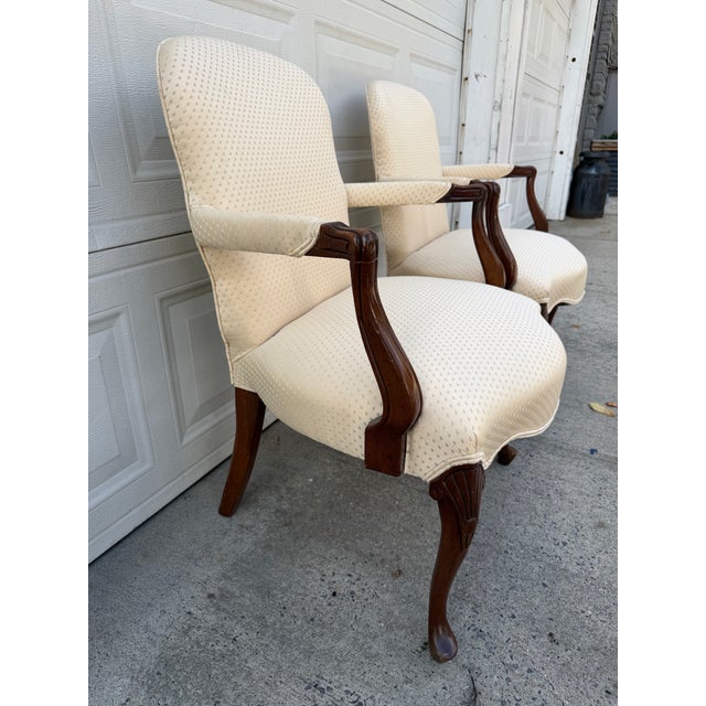 French Provincial Pair of Vintage French Provincial Upholstered Armchairs With Cabriole Legs and Carved Details For Sale - Image 3 of 12