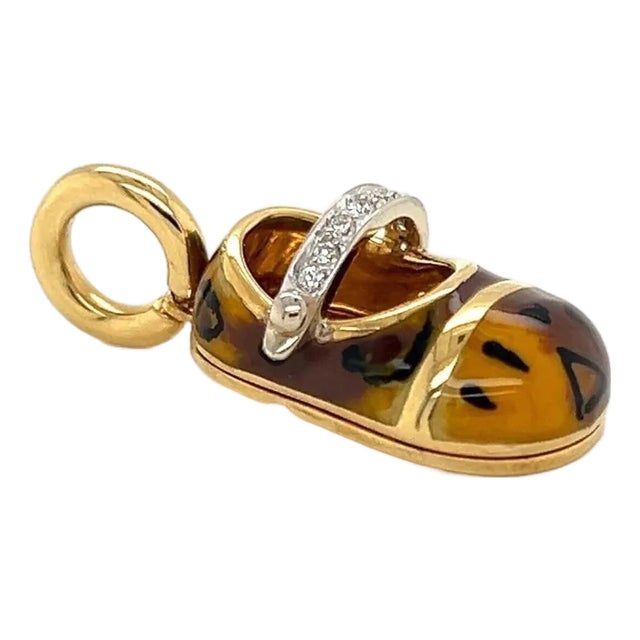 Mid 20th Century Aaron Basha 18k Yellow Gold Diamond Enamel Leopard Shoe Charm Pendant For Sale