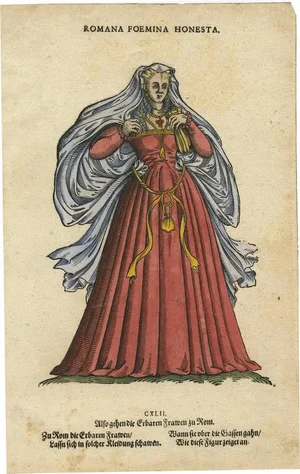 Jost Amman, Roman Woman, 1577, Hand-Coloured Woodcut
