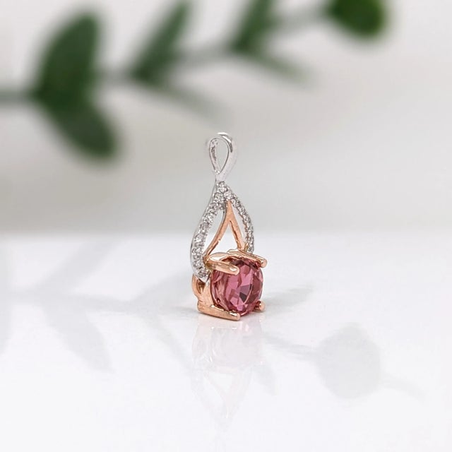 Metal Pink Tourmaline Pendant with Natural Diamonds in Solid 14k Dual Tone Gold Round 5mm For Sale - Image 7 of 8