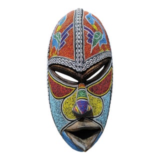Large African Beaded Ghana Bakota Hand Carved Mask Wall Art 30.5" H For Sale