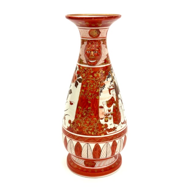 Orange 1900s Antique Japanese Kutani Signed Vase With Good Luck Devil Face Masks For Sale - Image 8 of 8