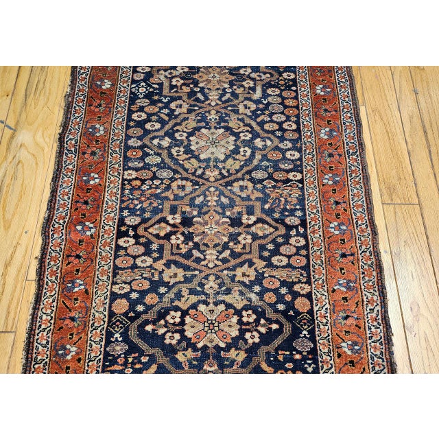 Antique Persian Farahan Sarouk Runner, Hand-Knotted Wool, All-Over Geometric Pattern, Navy & Rust, 4x10 For Sale - Image 11 of 16
