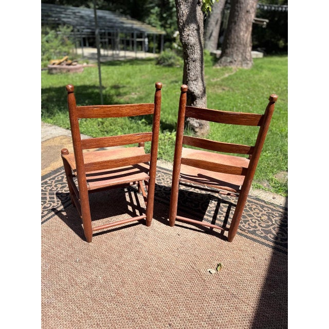 Early 20th Century American Ladder-Back Wood and Hide Chairs. For Sale - Image 11 of 12
