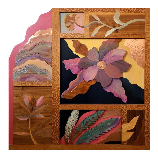 Helen Weber, 1970s Large Wood, Copper Inlay Sculpture Wall Relief Tropical Flowers Motif, c.1970s For Sale