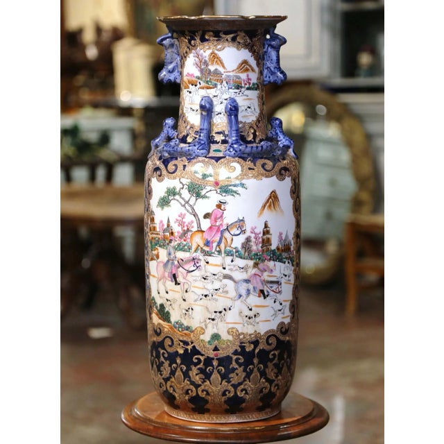 Mid 20th Century Mid-Century Chinese Famille Rose Porcelain Vase With Fox Hunt Scenes For Sale - Image 5 of 10