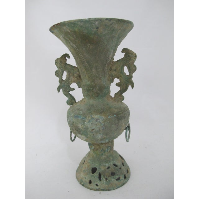 Chinese Archaic Bronze Ware Fengshui Ritual Vessel Hu Vase With Dragon Handles For Sale - Image 10 of 14