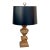 Neoclassical-Style Faux Wood Urn Table Lamp, Detailed Baluster Pedestal & Contrasting Opaque Black Drum Shade For Sale
