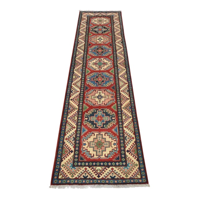 Kazak Runner 2’8” X 9’7” Red Wool Tribal Hand-Knotted Oriental Rug For Sale