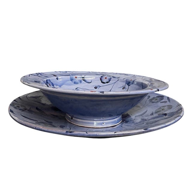2000 - 2009 Vintage Moroccan Safi Hand-Painted Periwinkle Blue Ceramic Presentation Set – 16.5" Platter & Footed Bowl For Sale - Image 5 of 12