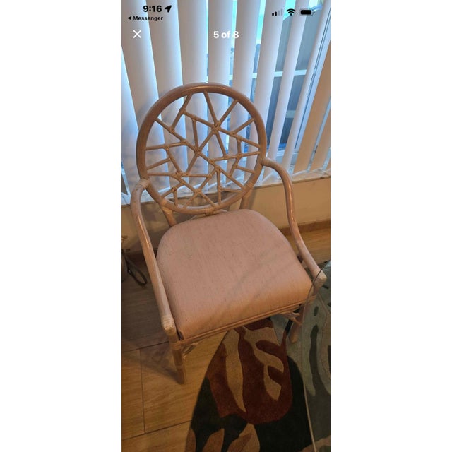 1980s Vintage McGuire Style Sheaf of Wheat Rattan Dining Table & Elinor McGuire Style Cracked Ice Armchairs – Set of 5 For Sale - Image 5 of 9