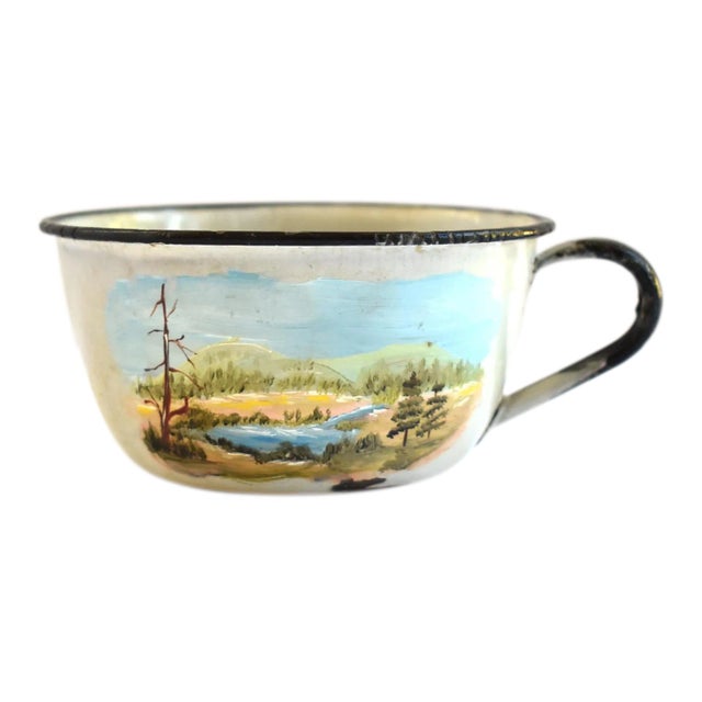 Early 20th Century Antique Early Hand-Painted Tole Enamel Camping Mug For Sale