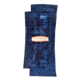 1930s Blue Floral Antique Chinese Horse Cover Rug 1'10"x4'2" Hand Knotted Pile Wool Carpet For Sale