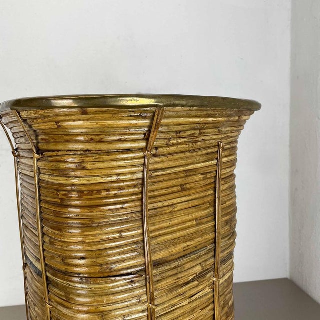 Metal Bauhaus Rattan and Brass Umbrella Stand in the style of Aubock, France, 1960s For Sale - Image 7 of 18