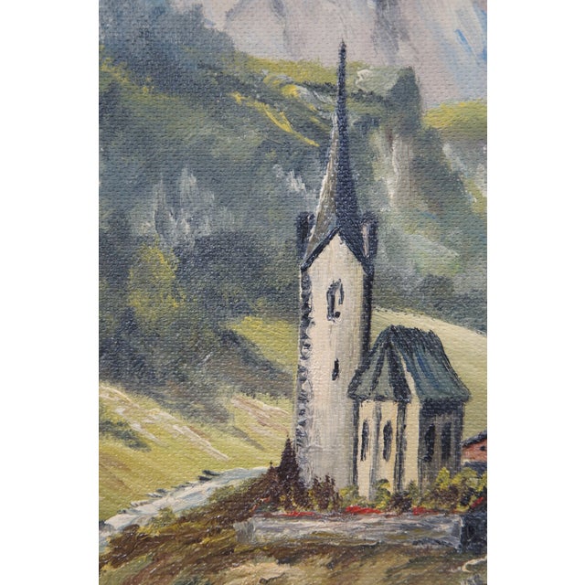 Vintage Eduard Enzmann Alpine Church Landscape Oil Painting on Board 20" For Sale - Image 6 of 10